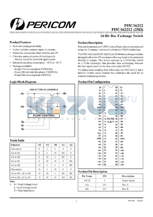 PI5C162212V datasheet - 24-bit bus exchange switch