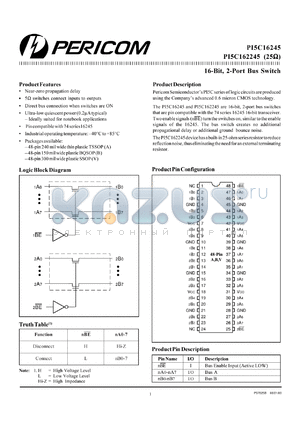 PI5C162245V datasheet - 16-bit,2-port bus switch