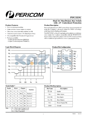 PI5C3253CQ datasheet - Dual 4:1 mux/demux bus switch with -2V undershoot protection