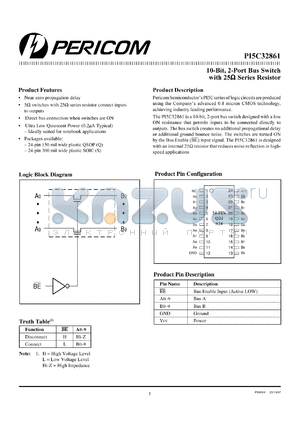 PI5C32861Q datasheet - 10-bit,2-port bus switch with 25 Ohm series resistor