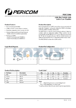 PI5C3306U datasheet - 2-bit bus switch with active low enables