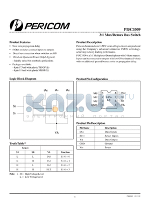 PI5C3309U datasheet - 3:1 mux/demux bus switch