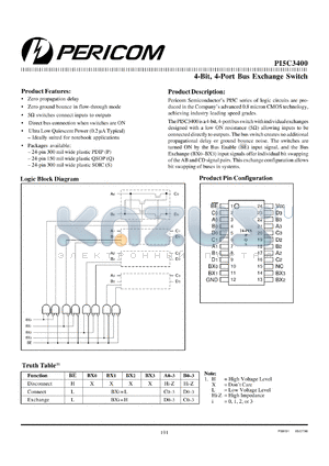 PI5C3400S datasheet - 4-bit,4-port bus exchange switch