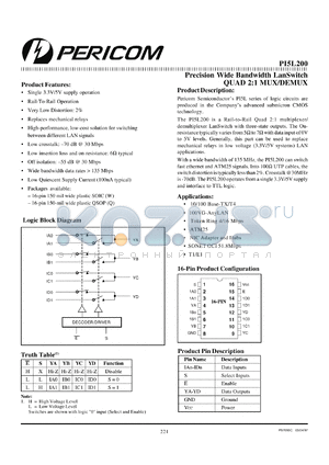 PI5L200Q datasheet - Precision wide bandwidth lanSwitch quad 2:1 mux/demux