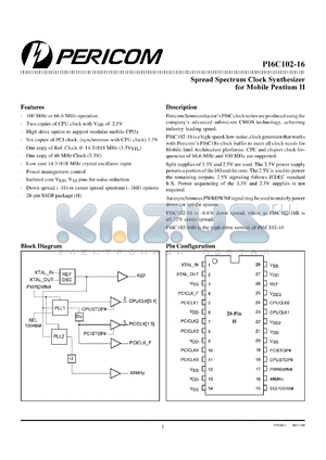PI6C102-16H datasheet - Spread spectrum clock synthesizer for mobile pentium II