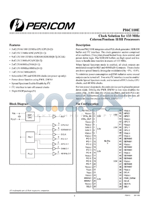 PI6C110EV datasheet - Clock solution for 133 MHz celeron/pentium II/III processors