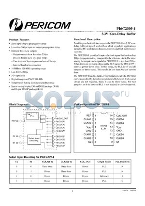 PI6C2309-1W datasheet - 3.3V zero-delay buffer