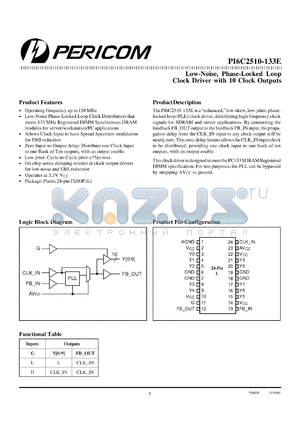 PI6C2510-133E datasheet - Low-noise phase-locked loop clock driver with 10 clock outputs
