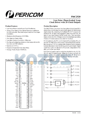 PI6C2520 datasheet - Low-noise phase-locked loop clock driver with 20 clock outputs