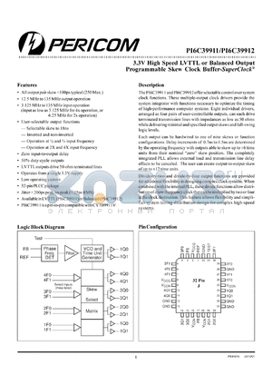 PI6C39911J datasheet - 3.3V high speed LVTTL or balanced output programmable skew clock buffer
