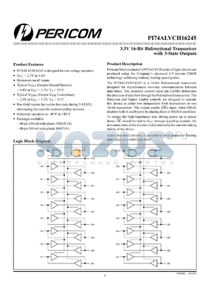 PI74ALVCH16245A datasheet - 3.3V 16-bit bidirectional transceiver with 3-state outputs