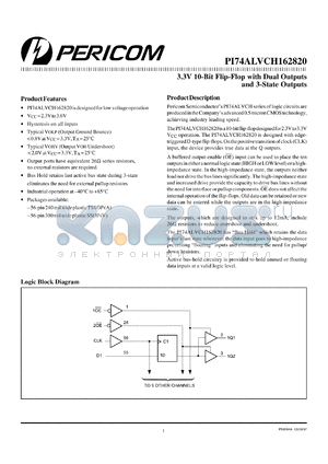 PI74ALVCH162820A datasheet - 3.3V 10-bit flip-flop with dual outputs 3-state outputs