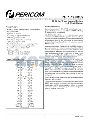 PI74ALVCH16652A datasheet - 16-bit bus transceiver and register with 3-state outputs