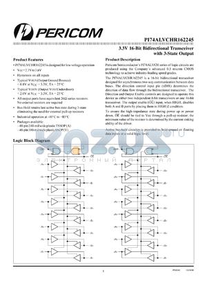 PI74ALVCHR162245A datasheet - 3.3V 16-bit bidirectional transceiver with 3-state outputs