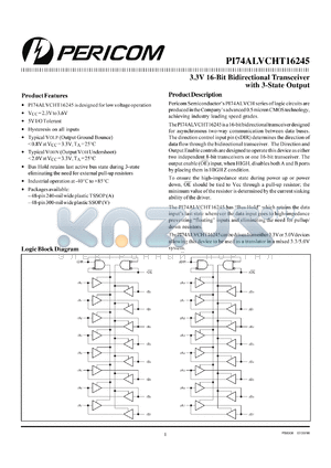 PI74ALVCHT16245V datasheet - 3.3V 16-bit bidirectional transceiver with 3-state outputs