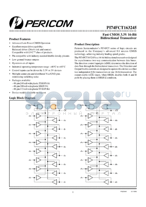 PI74FCT163245V datasheet - Fast CMOS 3.3V 16-bit bidirectional transceiver