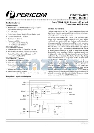 PI74FCT16511TV datasheet - Fast CMOS 16-bit registered/latched transceiver with parity