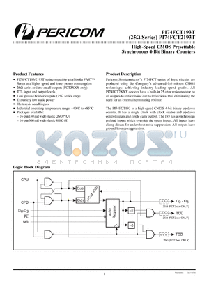 PI74FCT2193TS datasheet - High speed CMOS presettable synchronous 4-bit binary counter