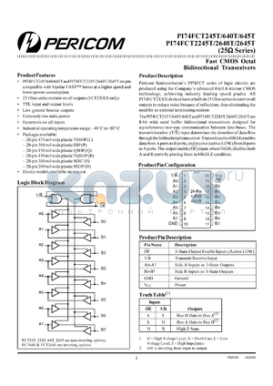 PI74FCT2640TP datasheet - Fast CMOS octal bidirectional transceiver