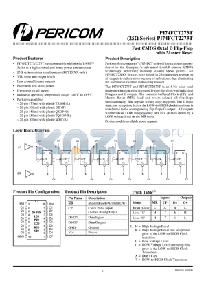 PI74FCT2273TQ datasheet - Fast CMOS octal D flip-flop with master reset