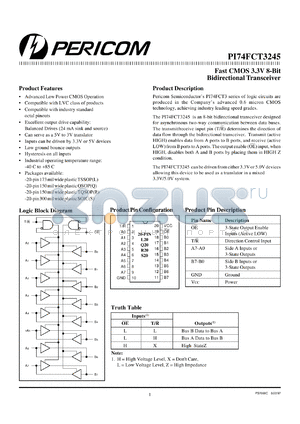 PI74FCT3245L datasheet - Fast CMOS 3.3V 8-bit bidirectional transceiver