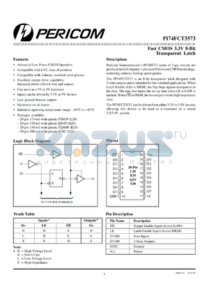 PI74FCT3573S datasheet - Fast CMOS 3.3V 8-bit transparent latch