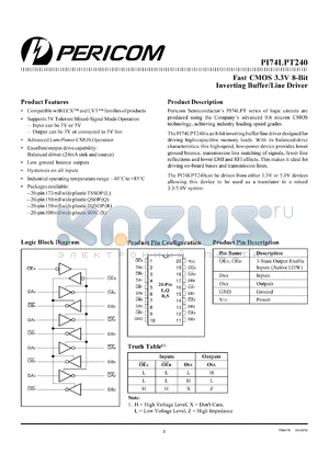 PI74LPT240Q datasheet - Fast CMOS 3.3V 8-bit inverting buffer/line driver