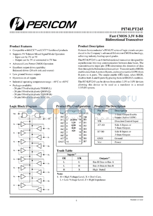 PI74LPT245R datasheet - Fast CMOS 3.3V 8-bit bidirectional transceiver