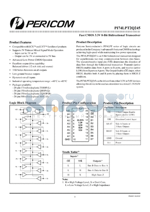 PI74LPT2Q245L datasheet - Fast CMOS 3.3V 8-bit bidirectional transceiver