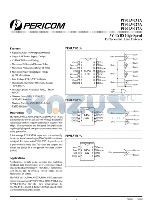 PI90LVB031AW datasheet - 3V LVDS high-speed differential line driver