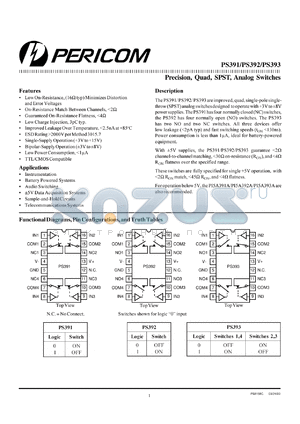 PS393CPE datasheet - Precision, quad, SPST, analog switch