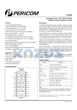 PS395CWG datasheet - Precision 8-Ch, 17V, SPST switch w/8-bit serial decoded control