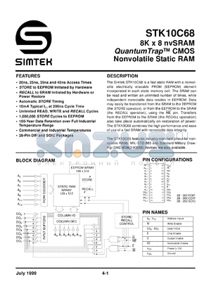 STK10C68-P20 datasheet - 8K x 8 nvSRAM CMOS nonvolatile static RAM