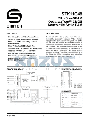 STK11C48-S20 datasheet - 2K x 8 nvSRAM CMOS nonvolatile static RAM