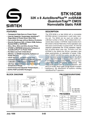 STK16C88-W35 datasheet - 32K x 8 autostore plus nvRAM quantum trap CMOS nonvolatile static RAM