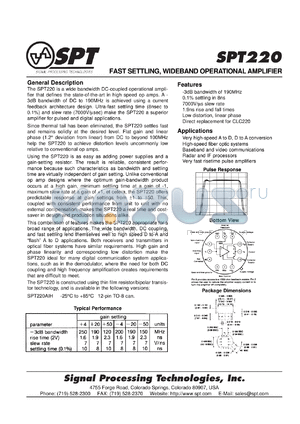 SPT220AIH datasheet - Fast settling, wideband operational amplifier