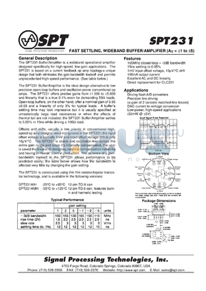 SPT231AIH datasheet - Fast settling, wideband buffer/amplifier