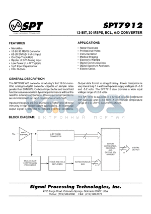 SPT7912SCU datasheet - 12-bit, 30 MSPS ECL A/D converter