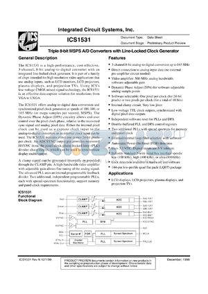 ICS1531Y-140 datasheet - Triple 8-bit MSPS A/D converter with line-locked clock generator