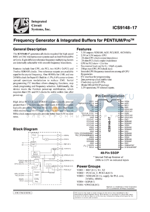ICS9148F-17-T datasheet - Frequency generator and integrated buffers for Pentium/PRO