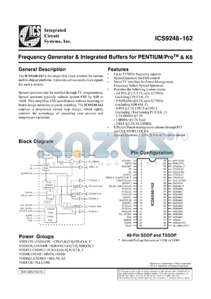 ICS9248F-162-T datasheet - Frequency generator and integrated buffer for Pentium/PRO, K6