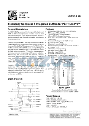 ICS9248F-39 datasheet - Frequency generator and integrated for Pentium/PRO