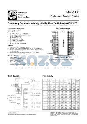 ICS9248F-87 datasheet - Frequency generator and integrated buffer for Celeron and PII/III