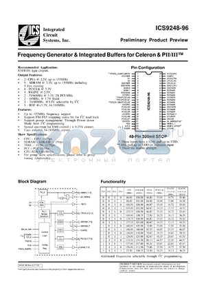 ICS9248F-96-T datasheet - Frequency generator and integrated buffer for Celeron and PII/III