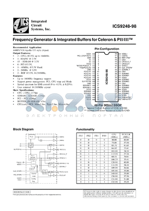 ICS9248F-98-T datasheet - Frequency generator and integrated buffer for Celeron and PII/III