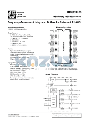 ICS9250F-25-T datasheet - Frecuency generator and integrated buffer for Celeron and PII/III
