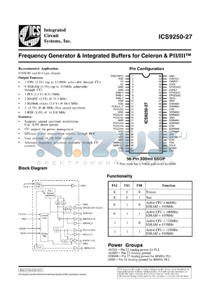 ICS9250F-27-T datasheet - Frecuency generator and integrated buffer for Celeron and PII/III