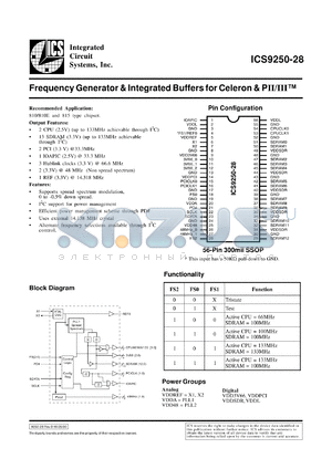ICS9250F-28-T datasheet - Frecuency generator and integrated buffer for Celeron and PII/III