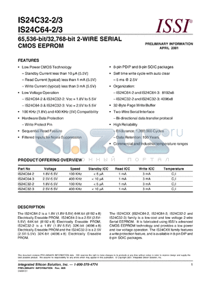 IS24C64-2P datasheet - 100 KHz 65,536-bit/32,768-bit 2-wire serial CMOS eeprom