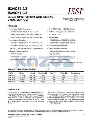 IS24C64-2PI datasheet - 100 KHz 65,536-bit/32,768-bit 2-wire serial CMOS eeprom